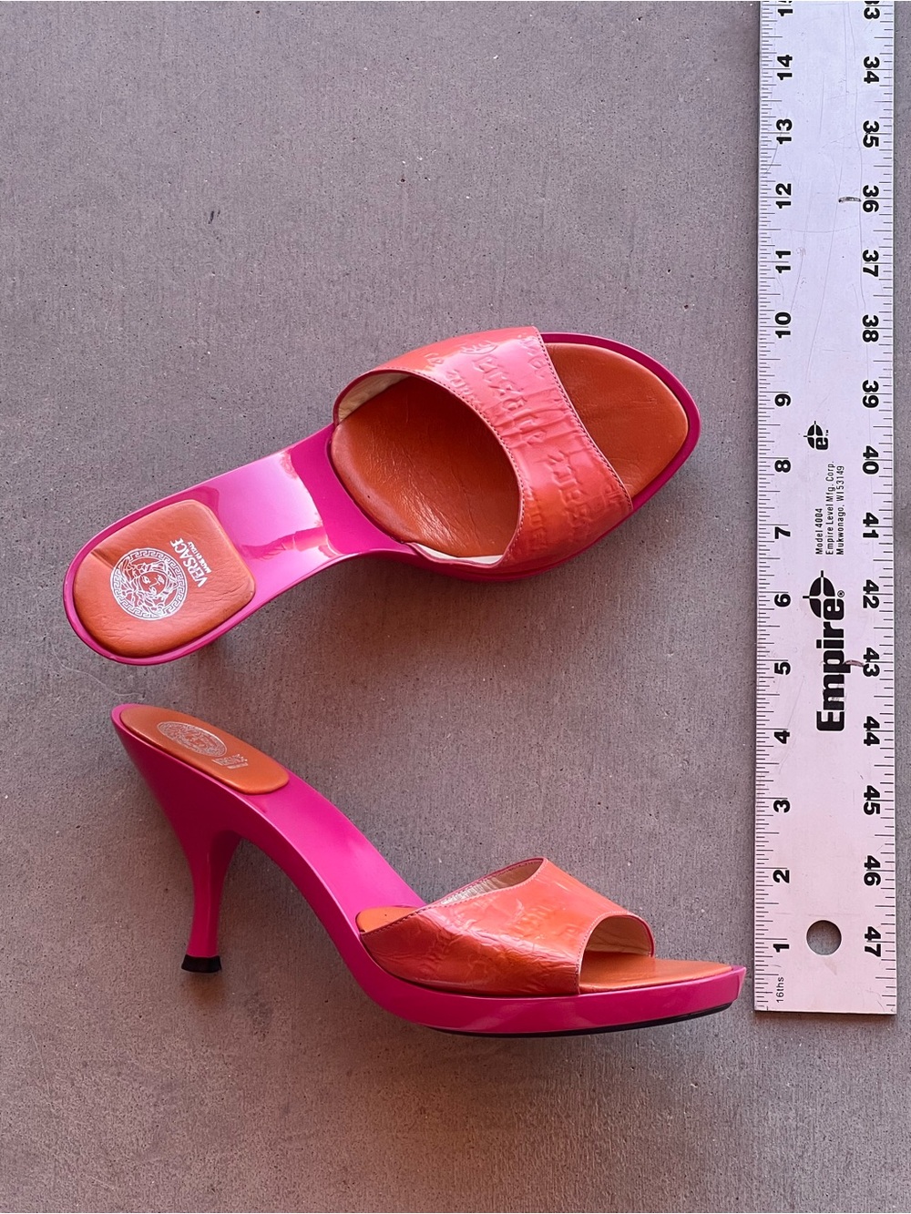 Vintage Versace Medusa Platform Mule Heels Pink Coral Orange Leather Size 39 Y2K - Picture 9 of 12